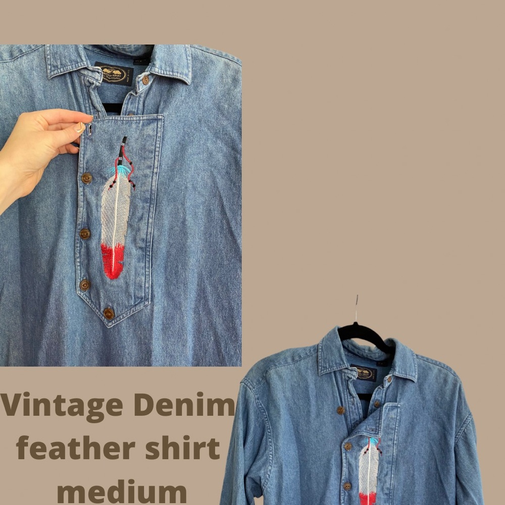 Vintage denim embroidered feather shirt